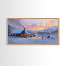 Load image into Gallery viewer, Cozy Snowy Log Cabin Tall Art Framed Canvas Print Winter Home Decor With Warm Fireplace And Horse Rider Under A Beautiful Sunset Scene
