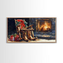 Carregar imagem no visualizador da galeria, Canvas Print Rocking Chair and Cowboy Boots by Fireplace, Cozy Christmas Decor, Western Holiday Wall Art, Rustic Christmas Scene
