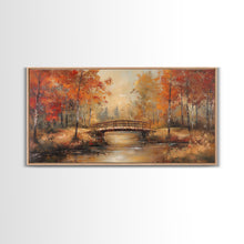 Carregar imagem no visualizador da galeria, Autumn Bridge Over Quiet River Tall Art Framed Canvas Print Serene Fall Landscape With Colorful Foliage And Peaceful Reflections
