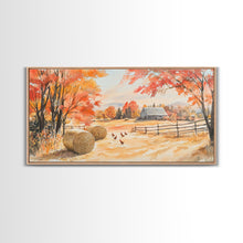Carregar imagem no visualizador da galeria, Autumn farmhouse decor Canvas Print fall landscape with barn and chickens harvest season gift idea rustic fall wall art holiday home decor
