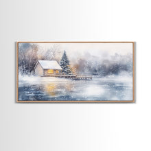Load image into Gallery viewer, Christmas winter cabin Framed Canvas Print snowy lakeside cabin Christmas tree cozy holiday decor winter wonderland art Christmas wall decor
