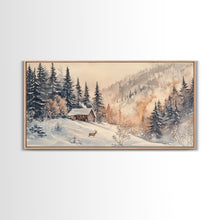 Load image into Gallery viewer, Christmas winter cabin Canvas Print snowy mountain cabin deer cozy holiday wall art winter wonderland seasonal decor Christmas gift idea
