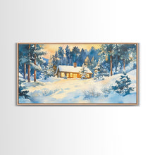 Load image into Gallery viewer, Winter cabin decor Framed Canvas Print snowy cabin and trees winter wonderland cozy holiday wall art gift idea Christmas home decor
