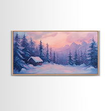 Load image into Gallery viewer, Cozy Cabin Surrounded By Winter Trees Tall Art Framed Canvas Print Serene Snowy Forest Cabin Landscape With Warm Interior Lights
