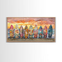 Carregar imagem no visualizador da galeria, Fall Surfboards Beach Art Print Canvas Wall Art Autumn Surfboard Beach Scene Seasonal Wall Art Framed Canvas Print Fall Beach Decor
