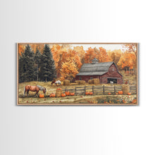 Carregar imagem no visualizador da galeria, Autumn Barn Pumpkin Horses Canvas Print Farmhouse Fall Decor Seasonal Wall Art Framed Canvas Print Rustic Fall Farmhouse Wall Art
