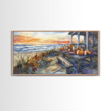 Load image into Gallery viewer, Beach Thanksgiving Table Pumpkins Canvas Print Fall Beach Decor Autumn Coastal Wall Art Framed Canvas Print Seasonal Wall Art
