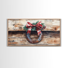 Cargar imagen en el visor de la galería, Festive horseshoe Christmas art, rustic holiday decor, farmhouse holiday gift idea, cozy winter home decor, framed canvas print
