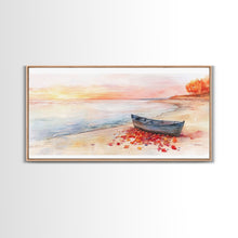 Carregar imagem no visualizador da galeria, Autumn beach landscape art, fall sunset wall art, coastal boat decor, beach fall home decor, seasonal wall art gift, framed canvas print
