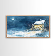 Cargar imagen en el visor de la galería, Coastal Christmas cabin decor, winter beach house art, snowy holiday seaside print, cozy Christmas wall art, framed canvas print
