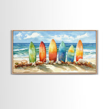 Load image into Gallery viewer, Colorful surfboards Christmas wall art, beach holiday decor, coastal Christmas art, framed canvas print, tropical Christmas art gift
