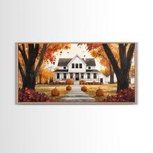 Carregar imagem no visualizador da galeria, Fall farmhouse pumpkin decor, autumn country home art, rustic fall wall print seasonal wall decor, framed canvas print, autumn farmhouse art
