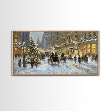 Carregar imagem no visualizador da galeria, Bustling Christmas Street Scene Tall Art Framed Canvas Print Vintage Winter Holiday Scene With Horse-Drawn Carriages And Festive Lights
