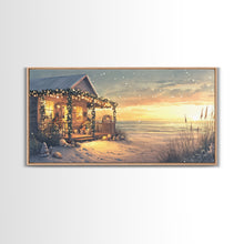 Cargar imagen en el visor de la galería, Christmas beach house decor, coastal holiday home art, seaside Christmas wall art, festive beach house print, framed canvas print
