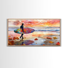 Carregar imagem no visualizador da galeria, Autumn Surfing Sunset Canvas Print | Fall Surf Art Gift | Seasonal Wall Art Decor | Gift Idea | Beach Decor Fall Theme | Framed Canvas Print
