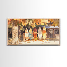 Carregar imagem no visualizador da galeria, Autumn surfboards art, canvas print featuring surfboards with fall leaves, cozy fall home decor, rustic wall art, autumn vacation gift idea
