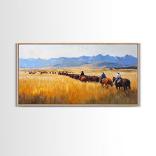Load image into Gallery viewer, Cowboys Framed Canvas Print Western Country Horse Ride Scenic Art Large Landscape Wall Decor Ideal Holiday and Ranch Home Gift
