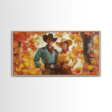 Carregar imagem no visualizador da galeria, Autumn Cowboy In Forest Framed Canvas Print Western Cowboy Wall Art Fall Cowboy Gift Rustic Wall Decor Moody Landscape Above Sofa
