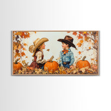 Carregar imagem no visualizador da galeria, Cute Cowboy and Cowgirl In a Pumpkin Patch, Framed Canvas Print, 1950s Style Wall Art, Nursery Decor
