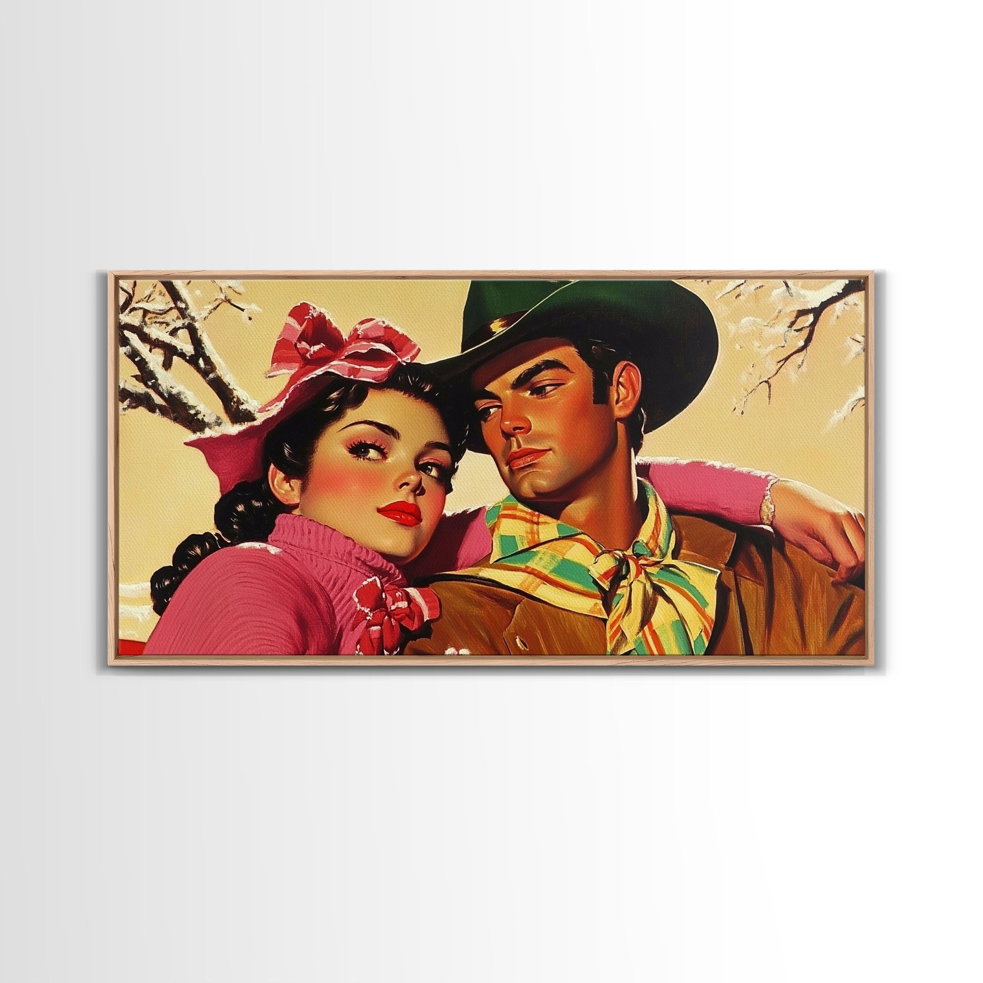 Retro 50s Style Cowboy and Cowgirl In Love, Gift For Couples, Framed Canvas  Print, vintage wall art, rustic decor, classic western print