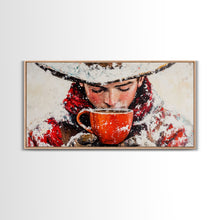 Load image into Gallery viewer, Cowboy in forest with burning fire, deep autumn hues, Framed Canvas Print, moody landscape, fall western art, rustic wall piece, wall decor
