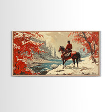 Load image into Gallery viewer, Cowboy resting by campfire under aspen trees with mountains in background, Framed Canvas Print, rustic wall art, warm western decor piece
