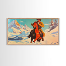 Load image into Gallery viewer, Cowboy in red jacket riding through snow-covered forest, Framed Canvas Print, vibrant winter wall art, rustic western decor
