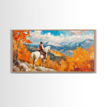 Load image into Gallery viewer, Cowboy on autumn swing, Framed Canvas Print, rustic Western art with vibrant fall, tall framed canvas print autumn decor farmhouse wall art
