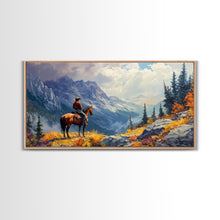 Load image into Gallery viewer, Close-up of Western cowgirl in fall foliage, Framed Canvas Print, modern tall art farmhouse gallery wall, rustic cowboy aesthetic wall print
