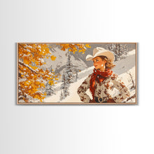 Cargar imagen en el visor de la galería, Charming Framed Canvas Print of a Cowgirl in Autumn Leaves, Perfect Fall Wall Decor and Gift Idea for Fans of Western Art Rustic Home Decor
