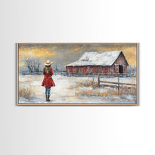 Load image into Gallery viewer, Barn Painting Framed Canvas Print, Cowgirl and her Barn, Rustic Farmhouse Decor, Winter Painting, Winter Wonderland, Farmhouse Wall Art
