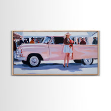 Load image into Gallery viewer, Cute Cowgirl and Her Pink Truck, Framed Canvas Print, Retro Pink Fall Decor, Wall Art Fall Home Decor, Ideal Gift Idea Rustic Seasonal Decor
