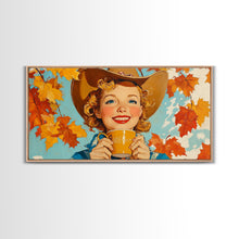 Load image into Gallery viewer, Cowgirl Having A Cup Of Joe, Framed Canvas Print, Farmhouse / Western Rustic Charm, Seasonal Art Piece to Warm Up Your Home Decor This Fall
