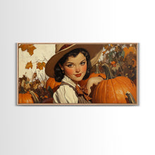 Load image into Gallery viewer, Cowgirl In A Pumpkin Patch, Framed Canvas Print, Retro Style Fall or Thanksgiving Wall Art, Farmhouse Decor, Christmas Wall Decor Gift
