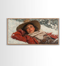 Load image into Gallery viewer, Cowgirl Laying In The Snow Framed Canvas Print, Cute Rustic Decor, Cowgirl Portrait Painting, Winter Wall Art
