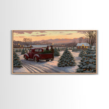 Cargar imagen en el visor de la galería, Christmas Tree Farm Framed Canvas Print, Red Truck Winter Scene, Farmhouse Christmas Decor, Christmas Vacation Decor, Holiday Art Gift
