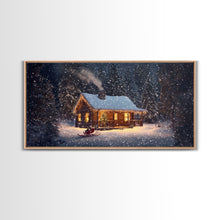 Load image into Gallery viewer, Cozy Cabin in Snow Framed Canvas Print, Winter Wonderland Scene Art, Rustic Christmas Decor, Holiday Wall Art, Seasonal Gift Idea
