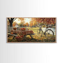 Load image into Gallery viewer, Autumn picnic with apples and plaid tablecloth, fall farmhouse decor, canvas print, country autumn art, autumn wall decor

