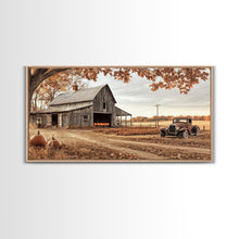 Cargar imagen en el visor de la galería, Farmhouse Autumn Decor Framed Canvas Print with Rustic Truck and Barn, Fall Country Art Wall Decor, Pumpkin Harvest Gift Idea Seasonal Decor
