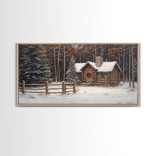 Load image into Gallery viewer, Snowy Log Cabin Christmas Framed Canvas Print, Rustic Winter Wonderland Art, Cozy Holiday Decor, Best Gift Christmas Wall Art
