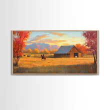 Carregar imagem no visualizador da galeria, Autumn Cowboy Farm Framed Canvas Print, Cozy Fall Farmhouse Wall Art, Country Western Landscape Decor, Best Gift Seasonal Wall Art
