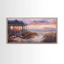 Cargar imagen en el visor de la galería, Rustic Beach Cottage Fall Scene Framed Canvas Print, Coastal Autumn Sunset Wall Art Ideal Autumn Gift, Seasonal Beach Decor
