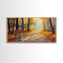 Carregar imagem no visualizador da galeria, Autumn Path Bench Framed Canvas Print, Serene Fall Landscape Wall Art, Cozy Farmhouse Decor, Seasonal Wall Art Gift Idea
