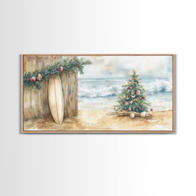 Load image into Gallery viewer, Christmas Tree On Sandy Beach With Surfboard Coastal Decor Framed Canvas Print, Beach Christmas Decor Wall Art

