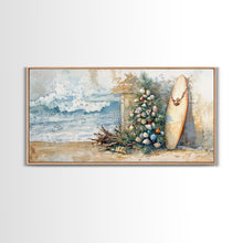 Cargar imagen en el visor de la galería, Coastal Christmas Scene Surfboards Christmas Tree Framed Canvas Print, Beach Holiday Decor Wall Art With Surfing Theme
