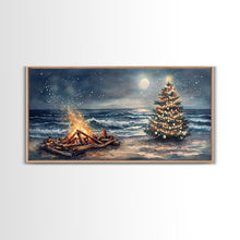 Load image into Gallery viewer, Cozy Bonfire On Beach With Christmas Tree Framed Canvas Print, Nighttime Winter Beach Holiday Wall Art And Coastal Decor
