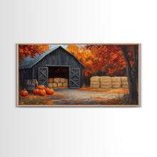Cargar imagen en el visor de la galería, Fall Barnyard with Pumpkins Framed Canvas Print Farmhouse Decor, Fall Art Print, Rustic Home Decor, Seasonal Gift Wall Art
