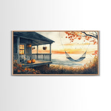 Load image into Gallery viewer, Cozy Autumn Porch with Pumpkins Framed Canvas Print, Warm Sunset Beach Scene Perfect Fall Seasonal Wall Art and Home Decor

