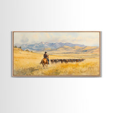 Load image into Gallery viewer, Cowboy On Snowy Path Framed Canvas Print Tall Art Winter Wonderland Western Christmas Decor Rustic Winter Wall Art Gift Cowboy Holiday Gift
