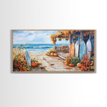 Carregar imagem no visualizador da galeria, Autumn surfboard porch decor scene, Framed Canvas Print with pumpkins and fall leaves on beach, autumn beach house wall art and decor piece
